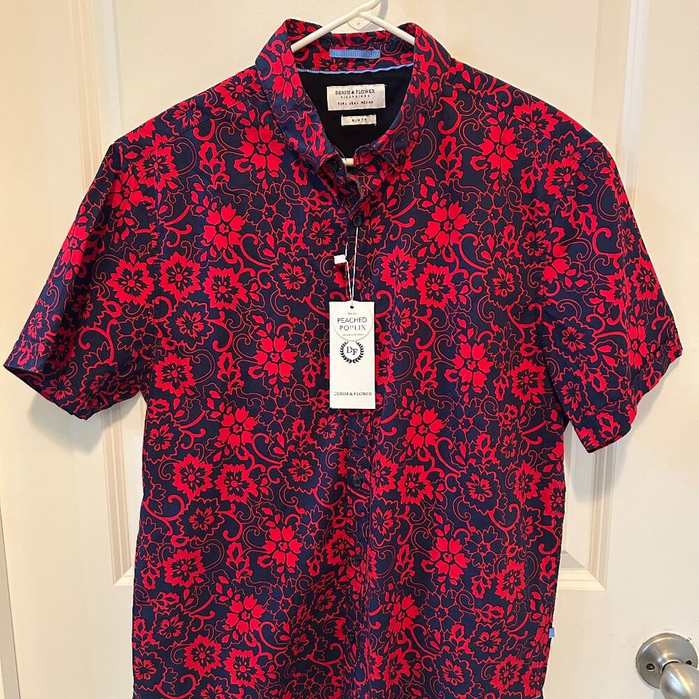 Denim & Flower Ricky Singh Slim Fit Blue Red Floral Shirt